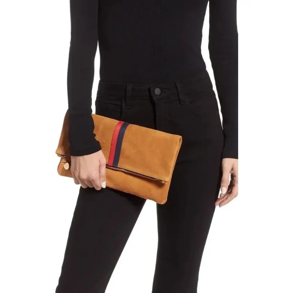 Clare V Camel Stripe Suede Leather Foldover Clutch Purse - Picture 6 of 13